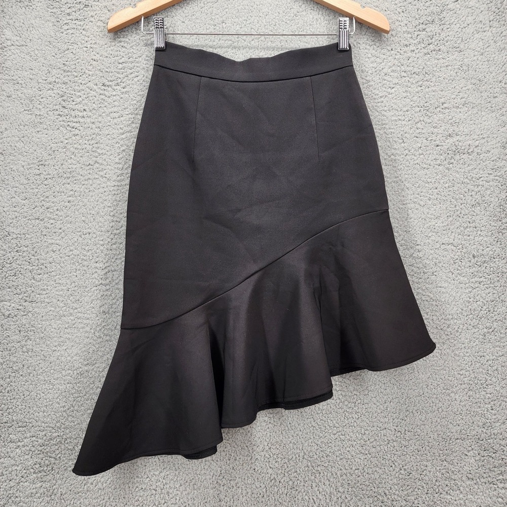 Metisu Womens Black Asymmetric Ruffle Hem Highâ Waisted Midi Skirt Small